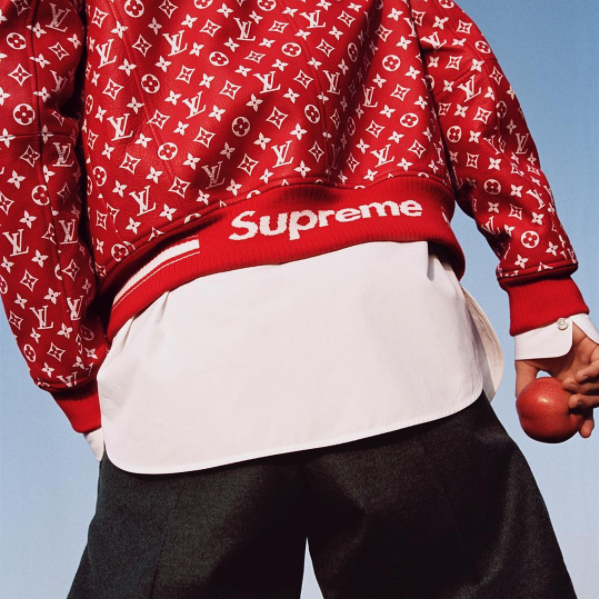 A RED & WHITE LEATHER BOMBER JACKET BY SUPREME, LOUIS VUITTON, 2017