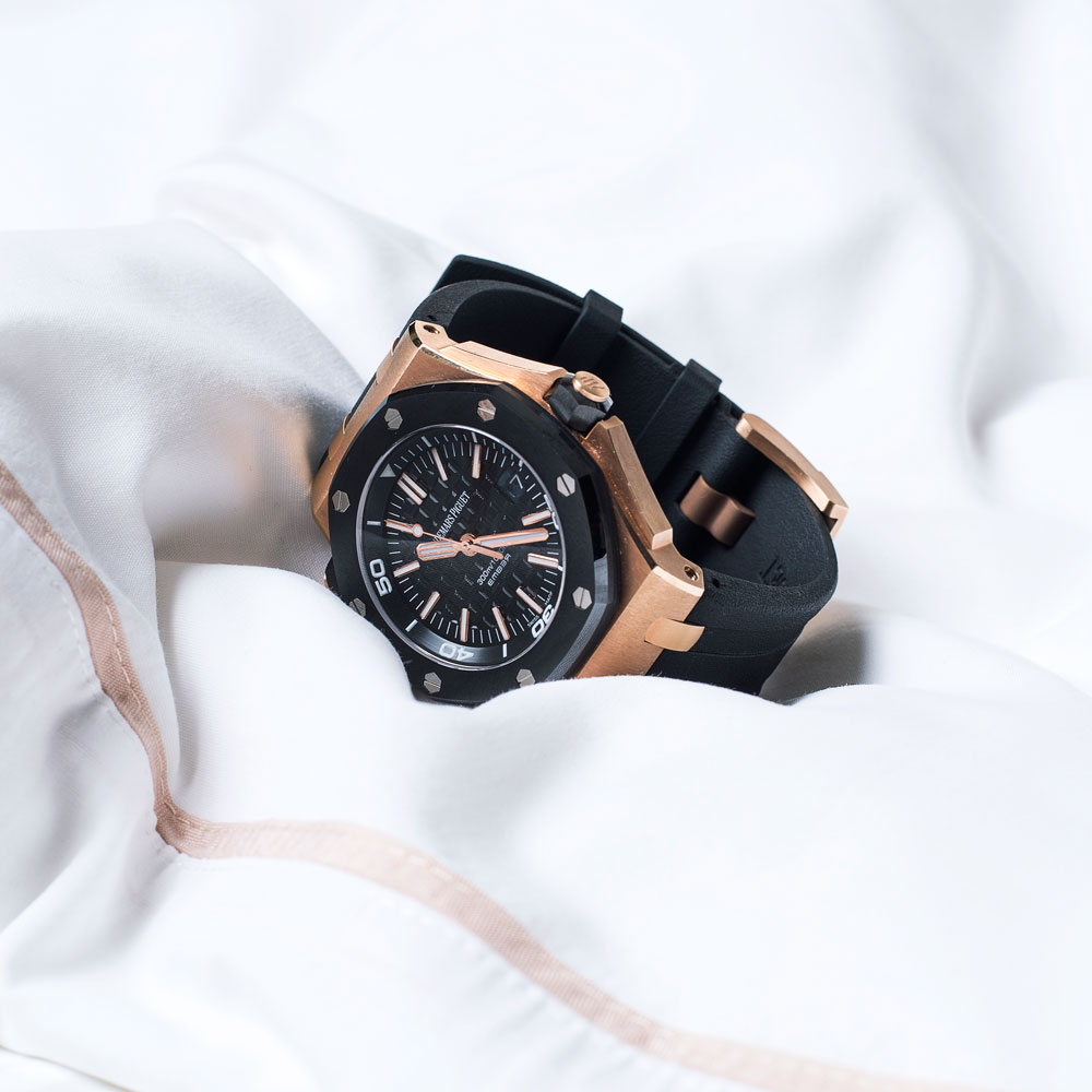 Casual: EMBER Audemars Piguet, Royal Oak Diver "The rose gold makes it more relaxed and its large face gives it a playful vibe while still remaining masculine."