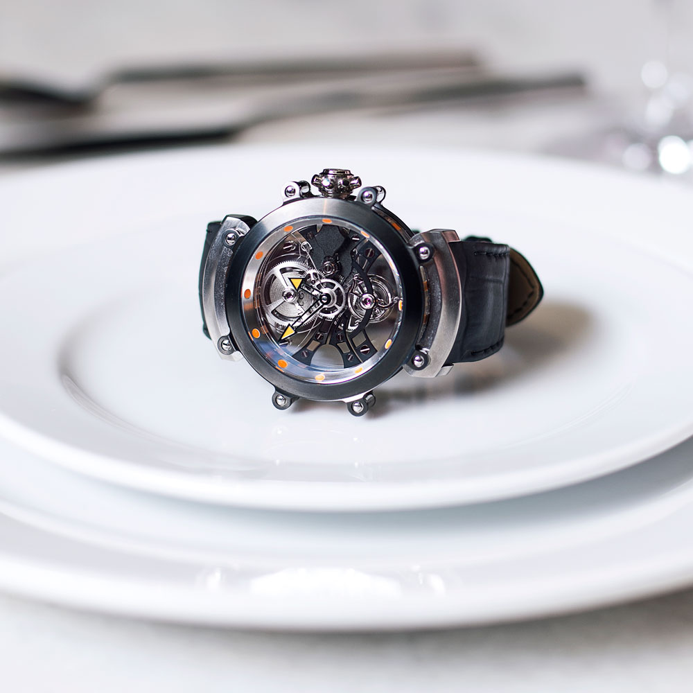 Romantic: Bulgari DLC Treated Titanium Tourbillon "This piece is 1 in only 30 ever made - it sits on sapphire base plates which I feel is very romantic because it renders it see-through like true affection."