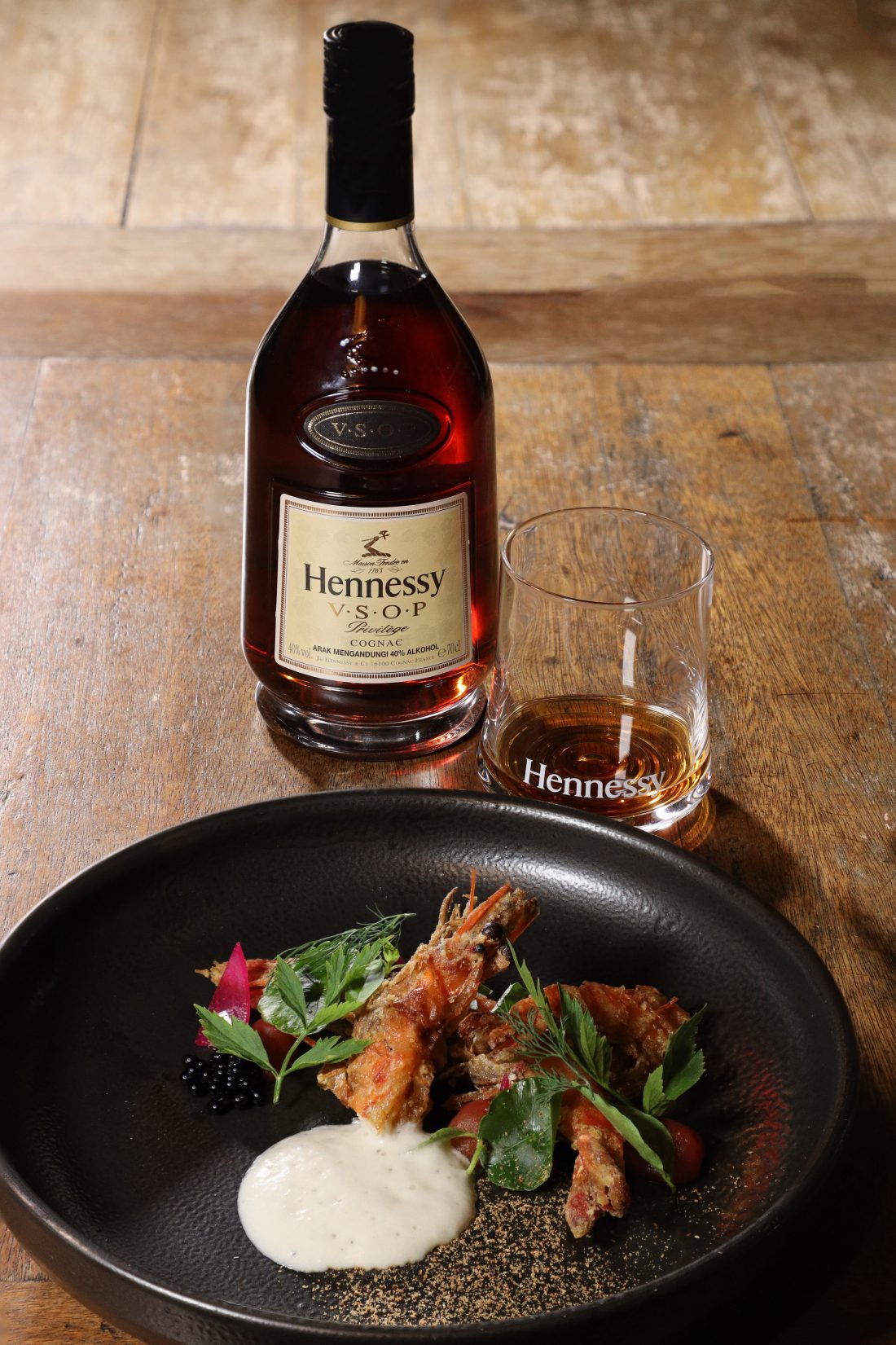 Soft shell prawn with white percik foam, served with Hennessy V.S.O.P