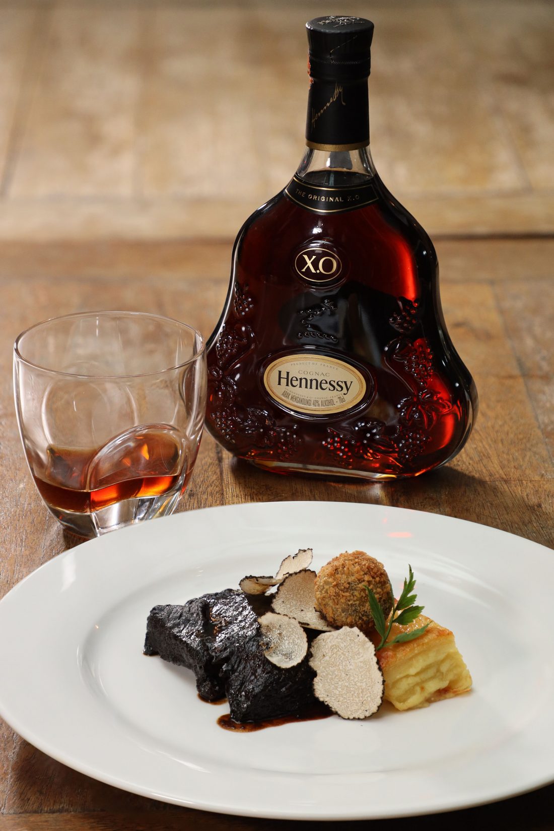 Beef short-ribs, ox-tongue & summer truffles, served with Hennessy X.O