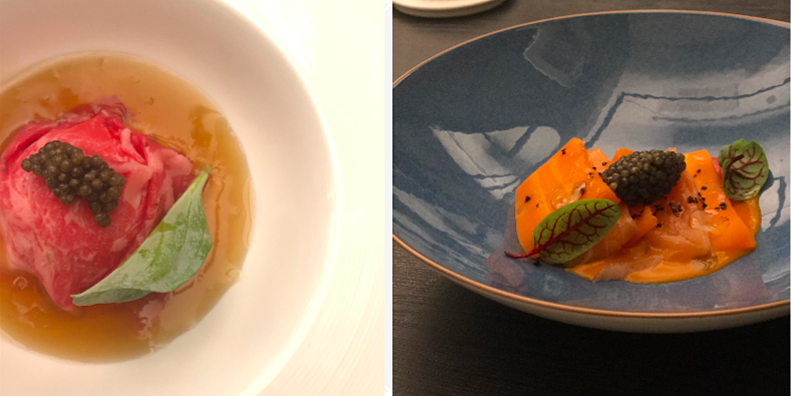 (L) Smoked eel sorbet with wagyu carpaccio; (R) Tasmanian wild salmon and carrot