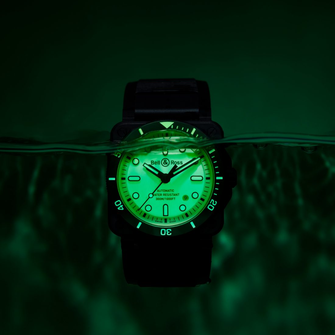 The Bell & Ross BR03-92 DIVER FULL LUM at night