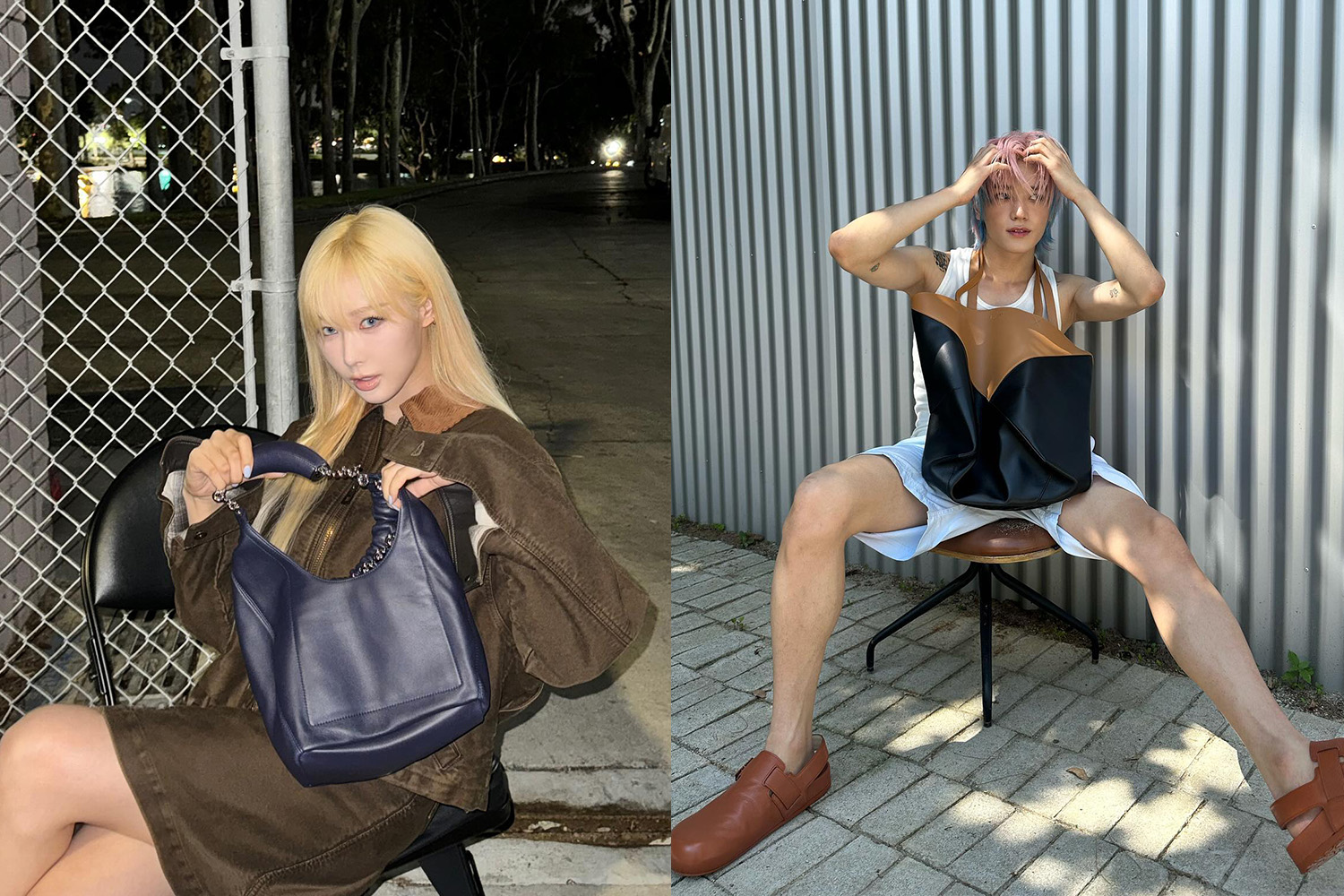 Global brand ambassadors Giselle of Aespa and Taeyong of NCT pose with their Loewe bags.