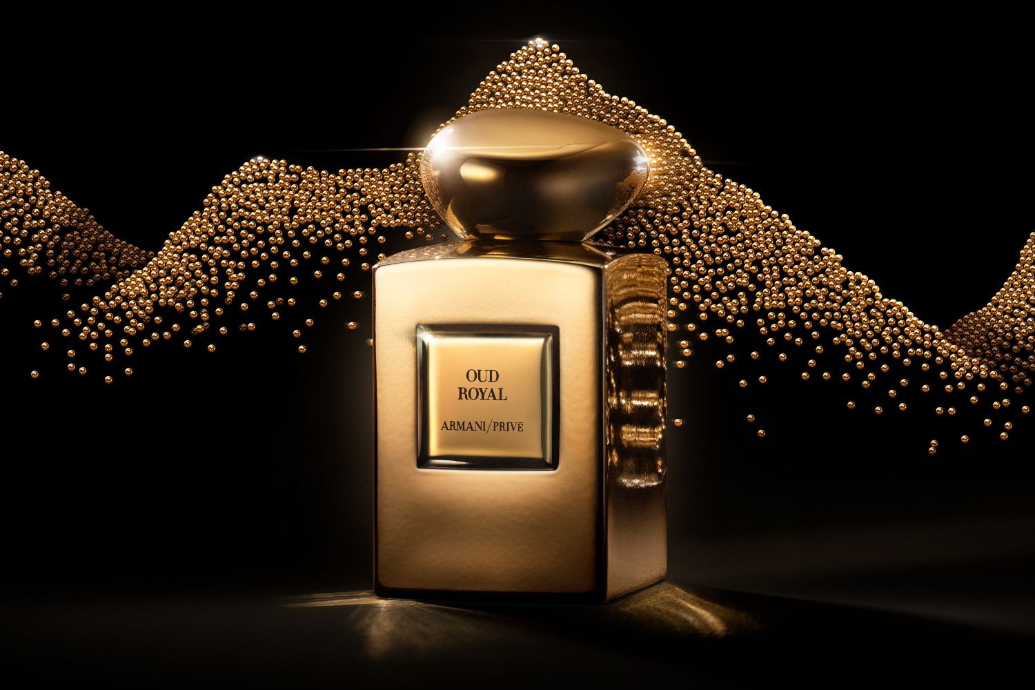 A highly decorated photo of the Armani/Prive Oud Royal collectors bottle perfume