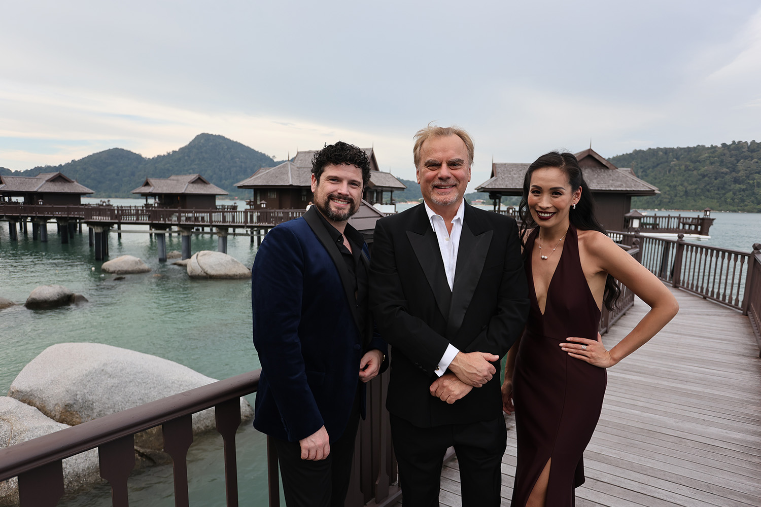 John Longmuir, Andrea Griminelli, and Cathy Di-Zhang at Pangkor Laut Resort