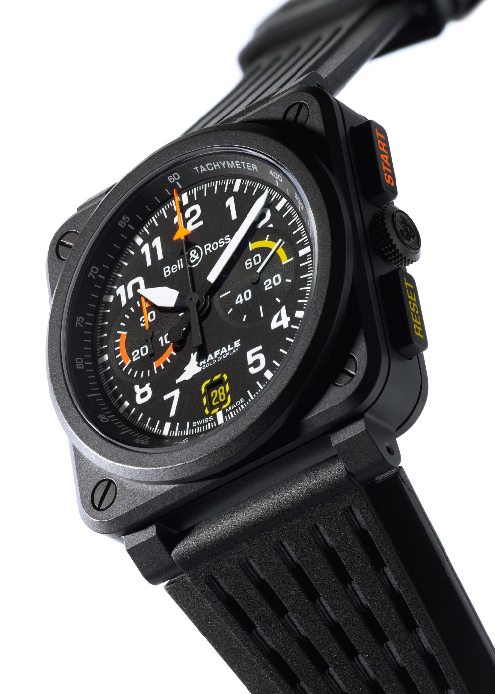 This high-tech timepiece captures the spirit of the Rafale with details inspired by fighter jets.