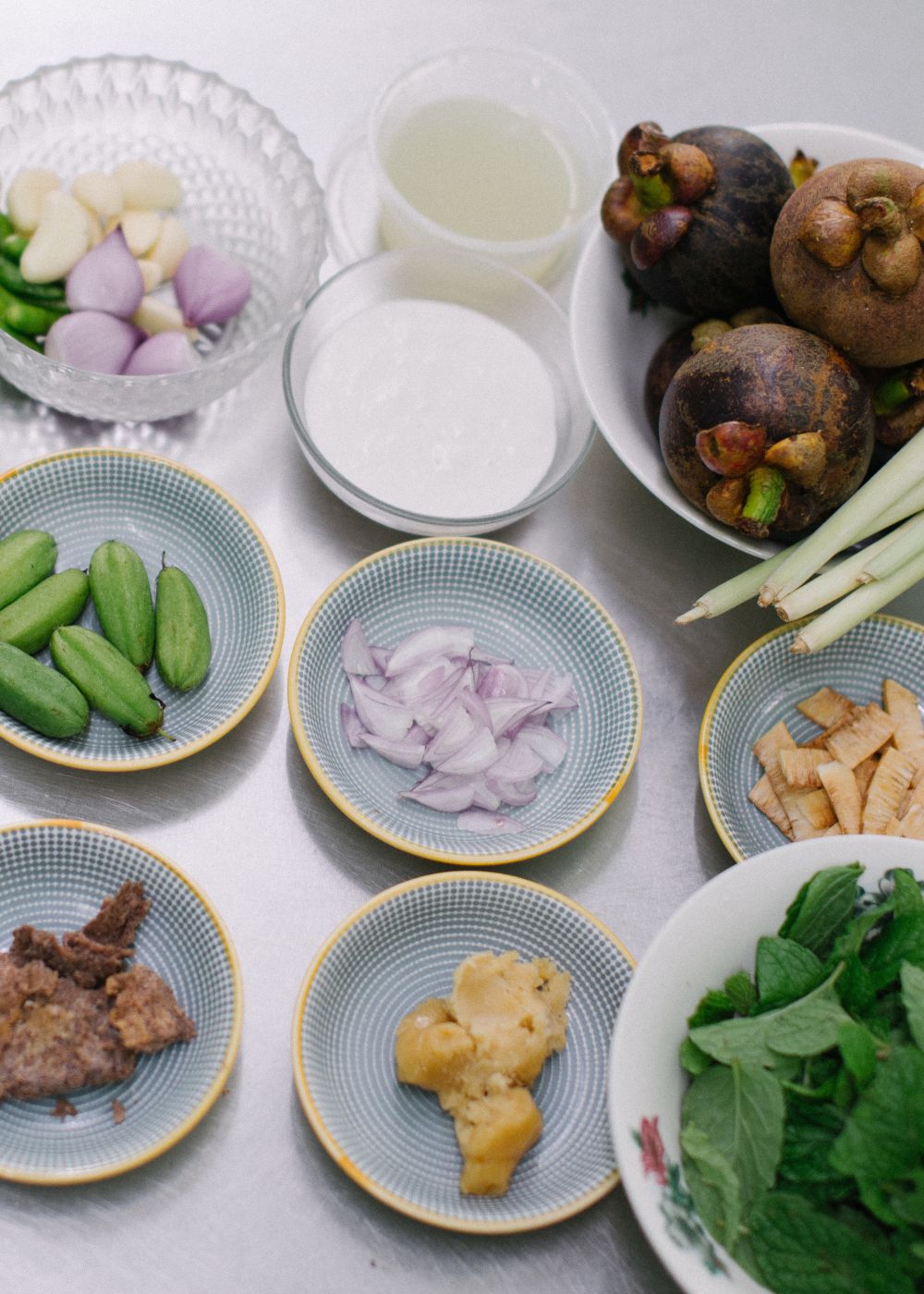 Freshly prepped ingredients for the Smoked Duck and Mangosteen Salad with Mint Dressing.