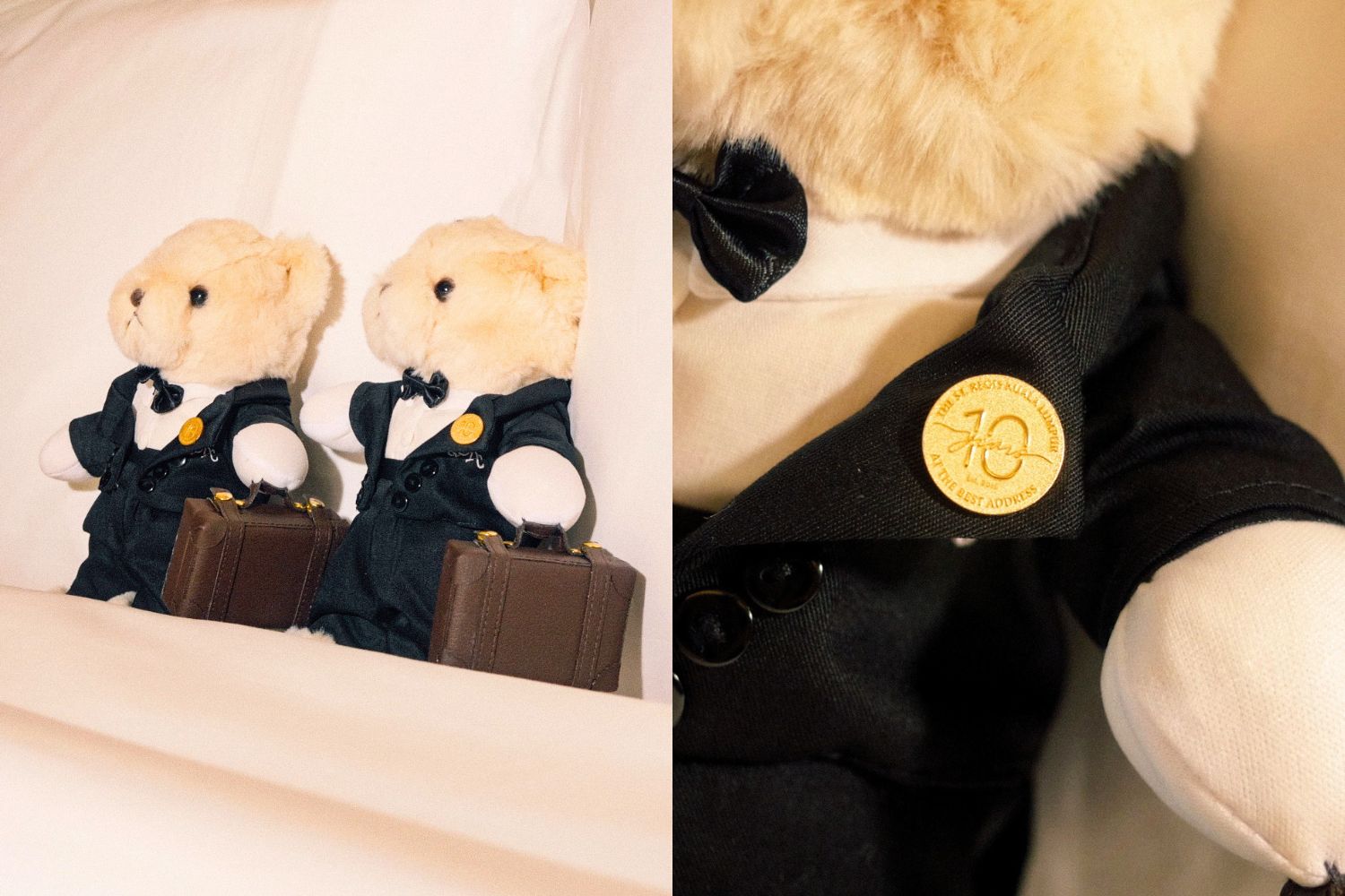 A turndown detail featuring the signature St. Regis Butler Bear resting on a freshly made bed.