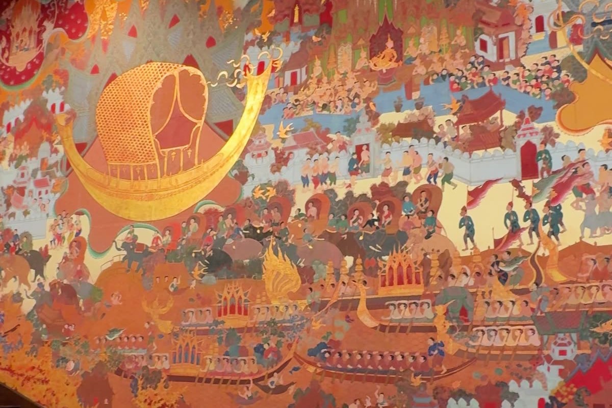 The hand-painted Thai mural above the grand staircase at Anantara Siam Bangkok.